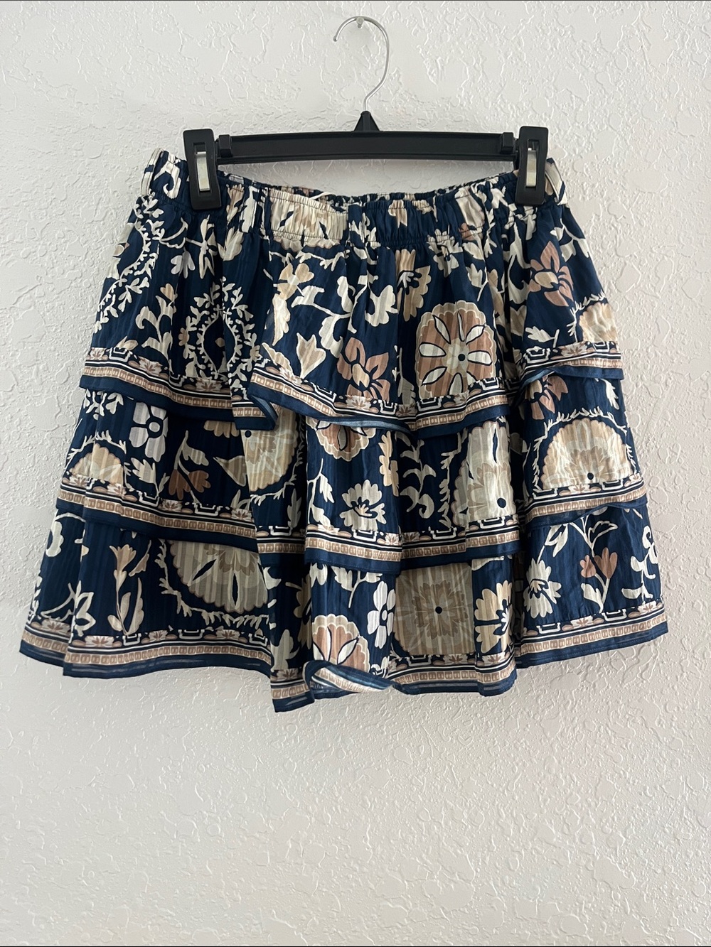 Ramy Brook Navy Floral Tiered Skater Skirt with Cream & Tan Accents